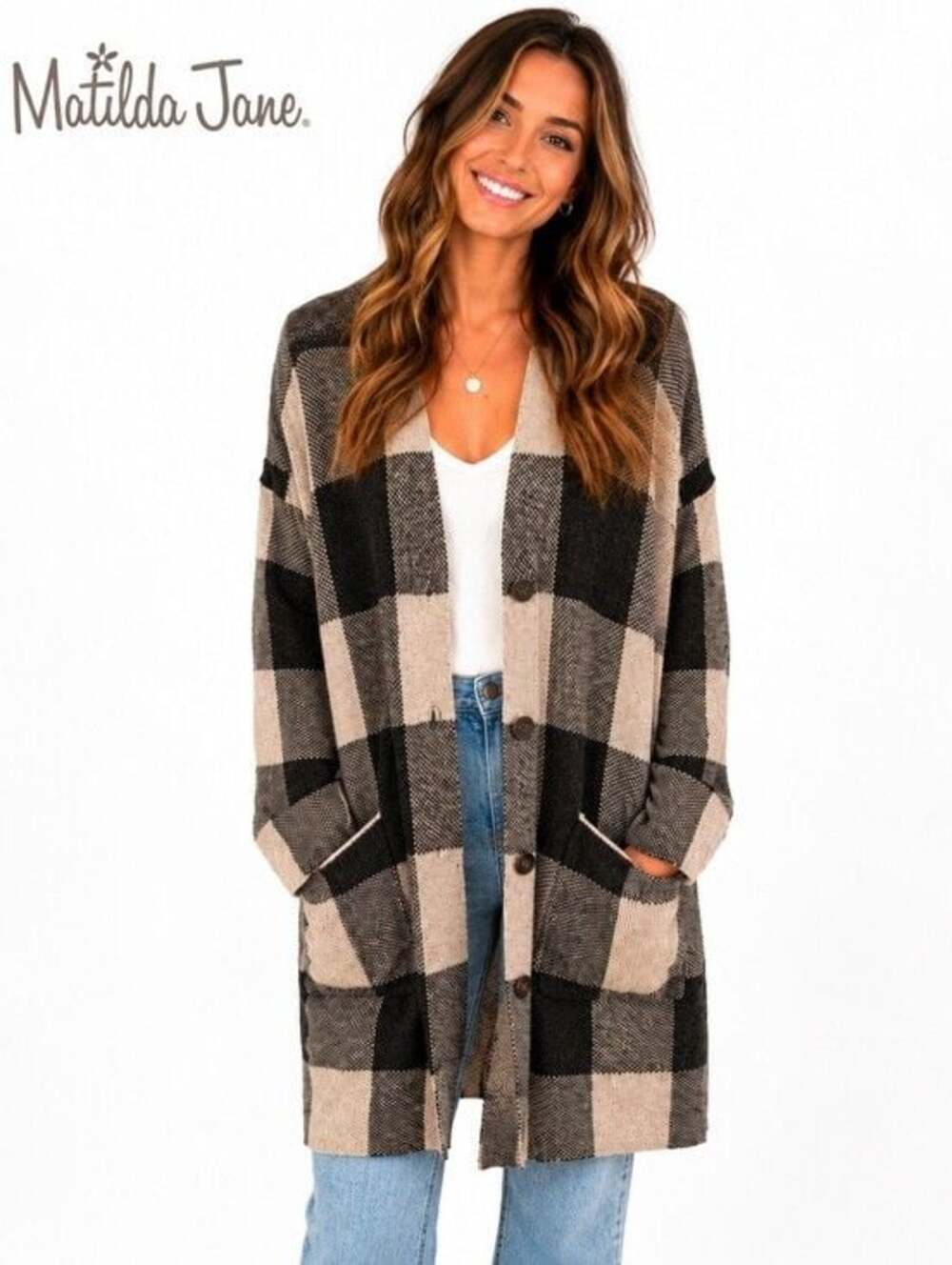 Matilda Jane Plaid Grey/Ivory/Pink Long Button Down Cardigan XXL